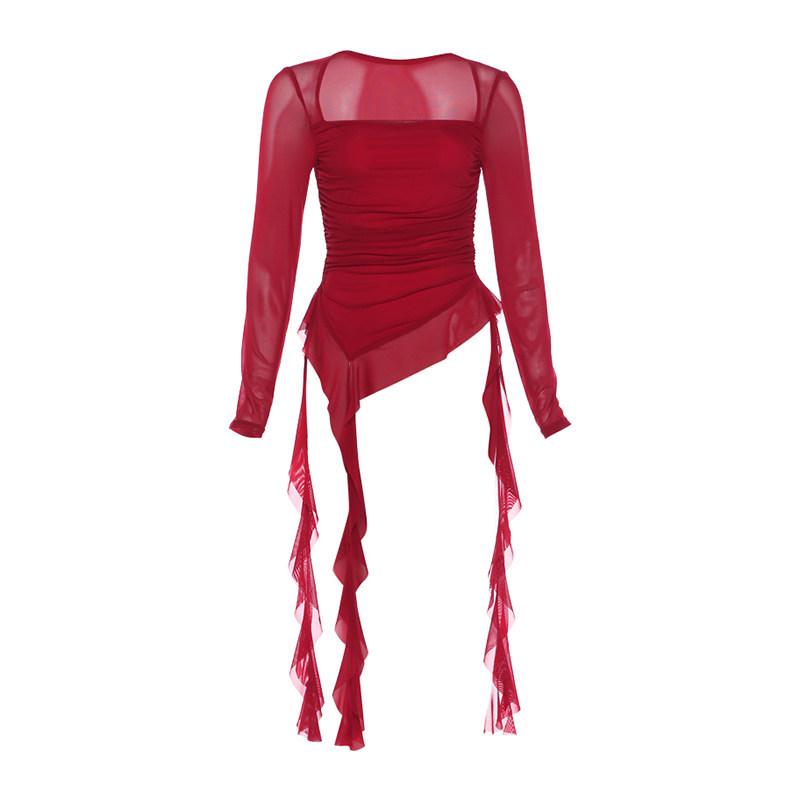 Spicy Girl Ruffle Square Neck Slimming Long Sleeve Mesh Top for Women S