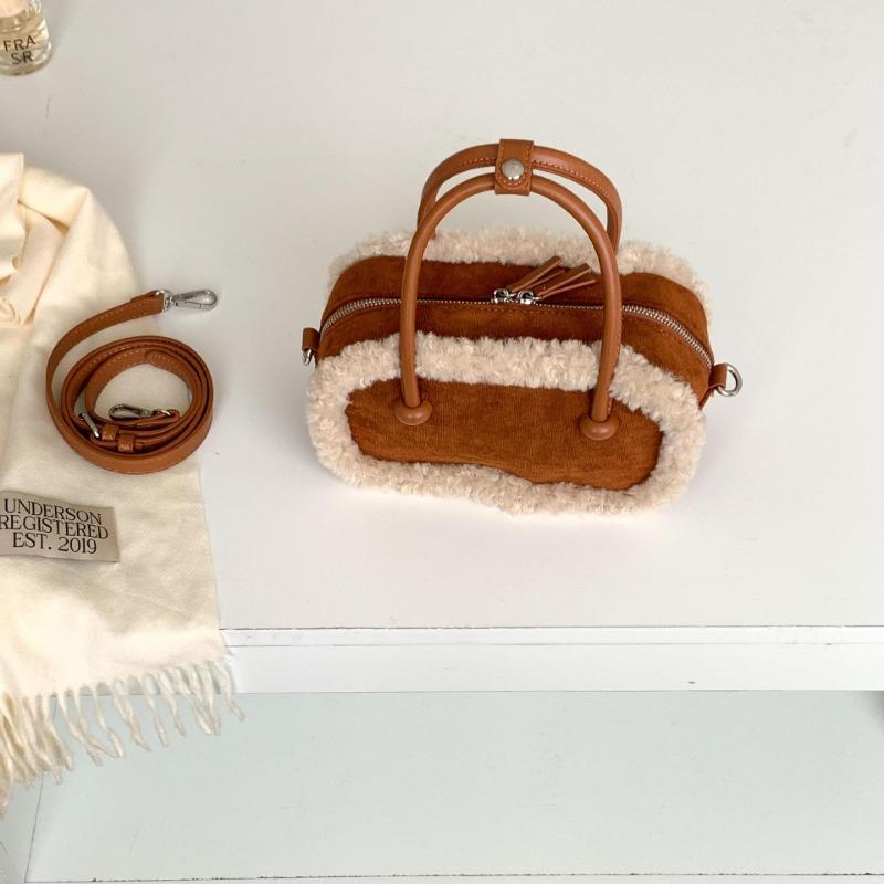 Autumn and winter retro suede bag portable bowling bag splicing niche lamb wool shoulder messenger bag women