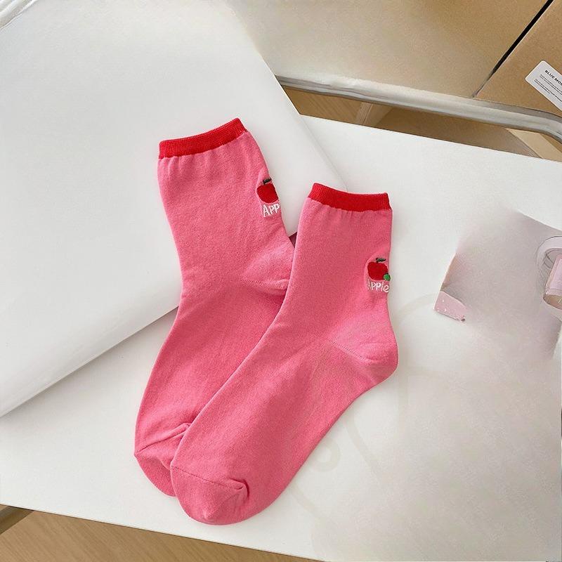 Fruit Embroidery Socks, Women's Mid-calf Socks, Trendy Pure Cotton Japanese-style Cute Sports Student Dopamine Summer Long Socks