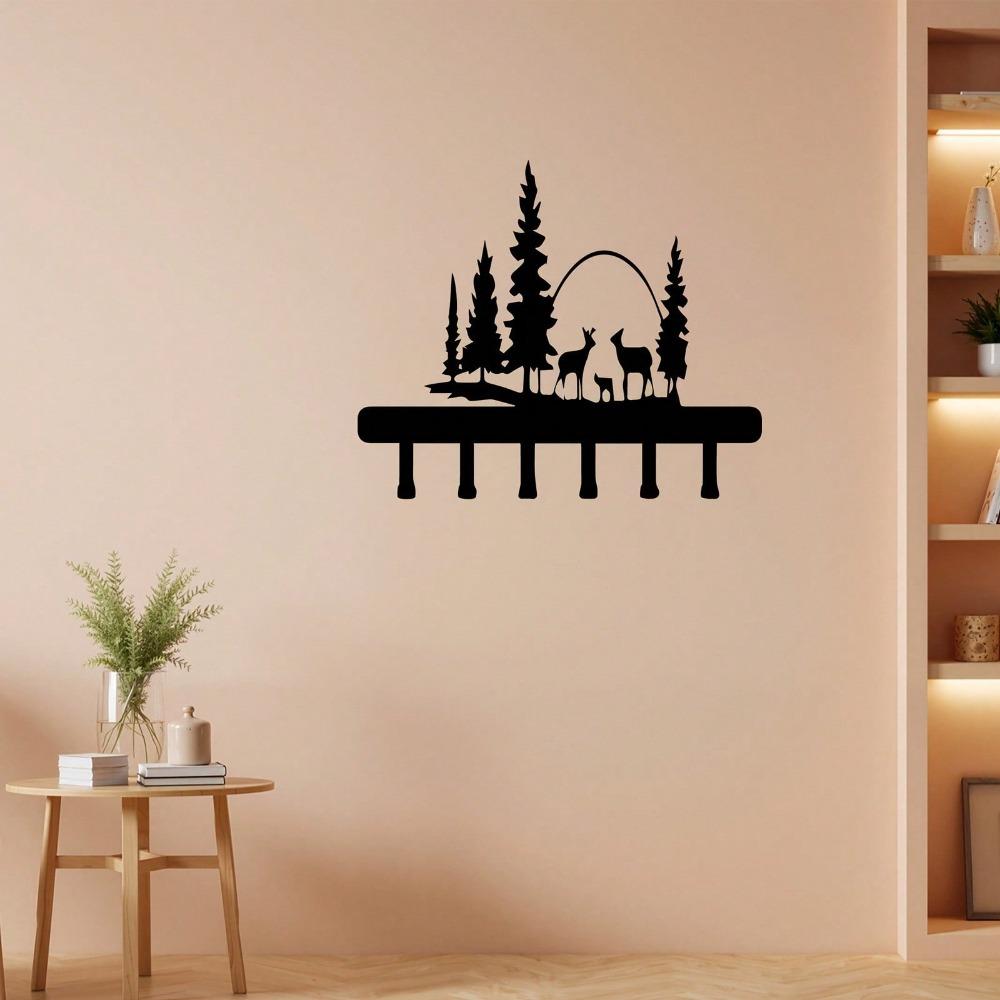 Vintage Deer Key Holder Metal Wall Hooks Rustic Entryway Decor Pine Tree