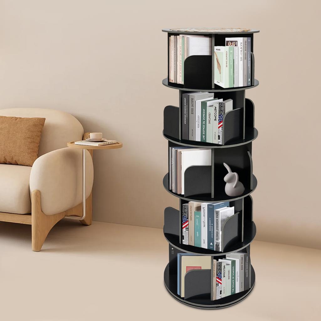 Libreria Rotante a 5 Piani Carico Massimo 100 Kg – Scaffale Portaoggetti Libreria Rotante a 360° – Organizzatore di Libri Moderno Nero da Pavimento