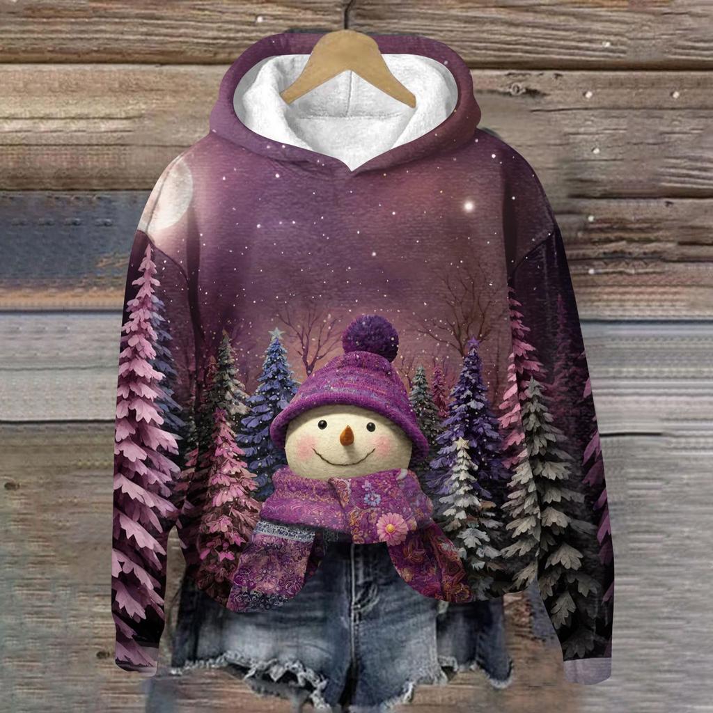 Women's Fashion Long Sleeve Christmas Print Loose Hooded Sweatshirt Top