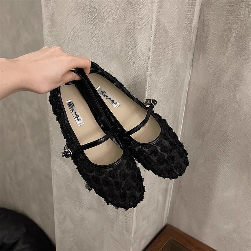 Fashion SUOJIALUN 2025 Summer New Women Flat Shoes Fashion Flower Lace Slip On Mary Jane Shoes Soft Flat Heel Outdoor Dress Single Shoes
