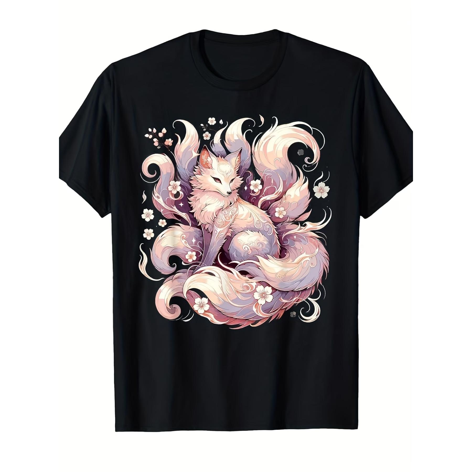 

Men s Kitsune (Nine-Tailed Fox) Cherry Blossom T-Shirt - Kyubi Mythical Fox Art, Retro Anime Graphic Tee XXL