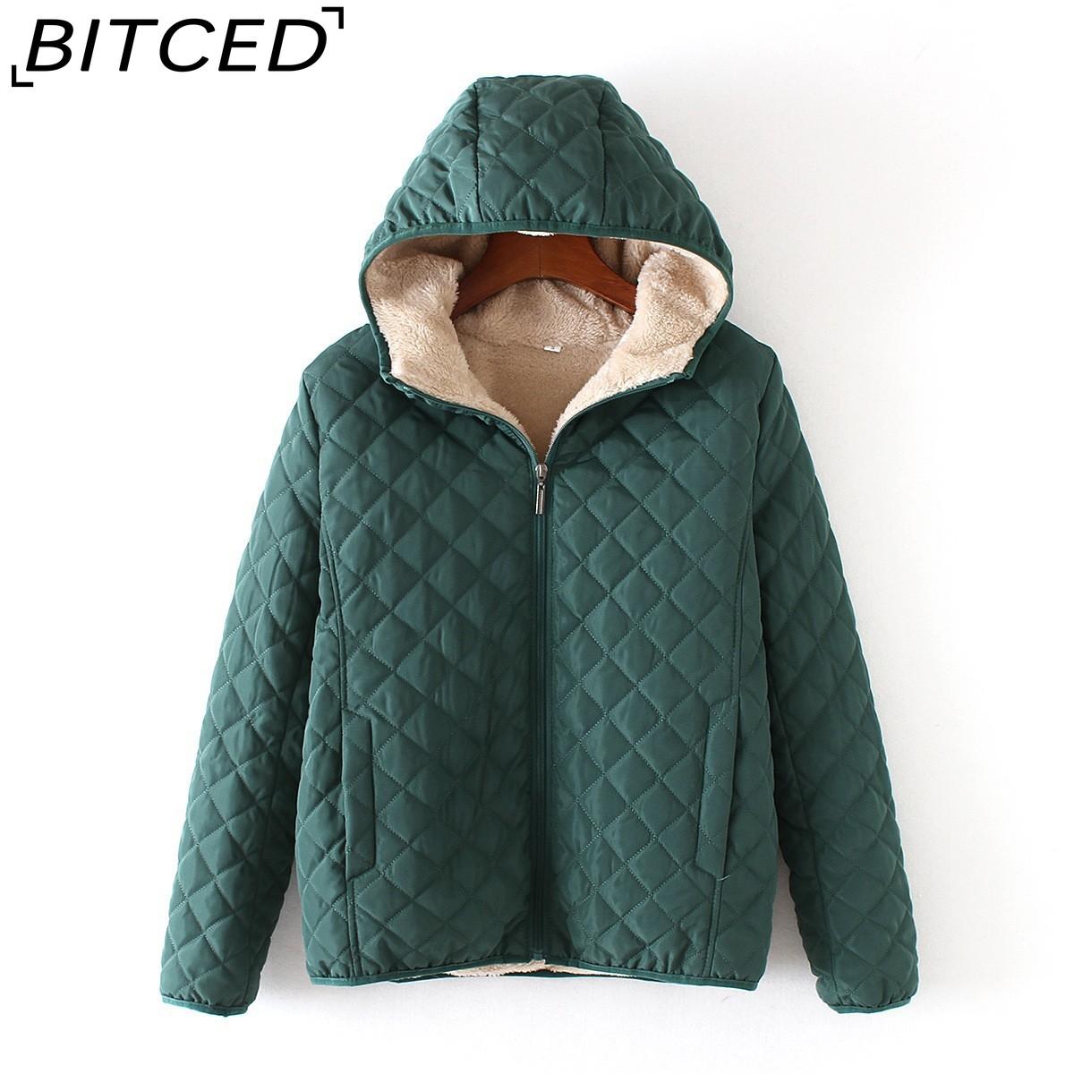 

BITCED Short-Length Casual Oversized Lightweight Slimming Fleece-Lined Thickened Shearling Hooded Cotton Jacket Women s Outerwear 3XL темно-зеленого