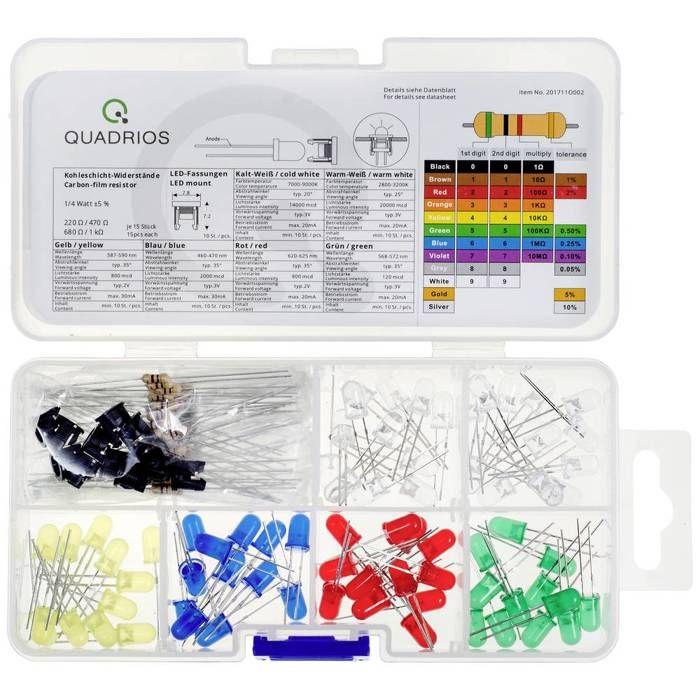 Quadrios Assortiment de LEDs rouge, vert, jaune, bleu, blanc froid, blanc chaud 5 mm 20 mA, 30 mA 2 V, 3 V
