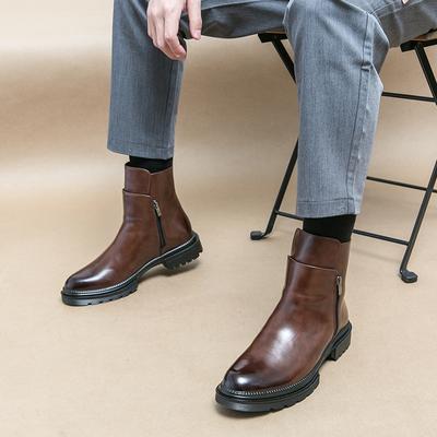 Mode Mode Herr Läder Chelsea Boots Lyxkvalitet Tjocksulade Handgjorda Brittisk Stil Ankel Sidodragkedja Affärssociala Skor Man