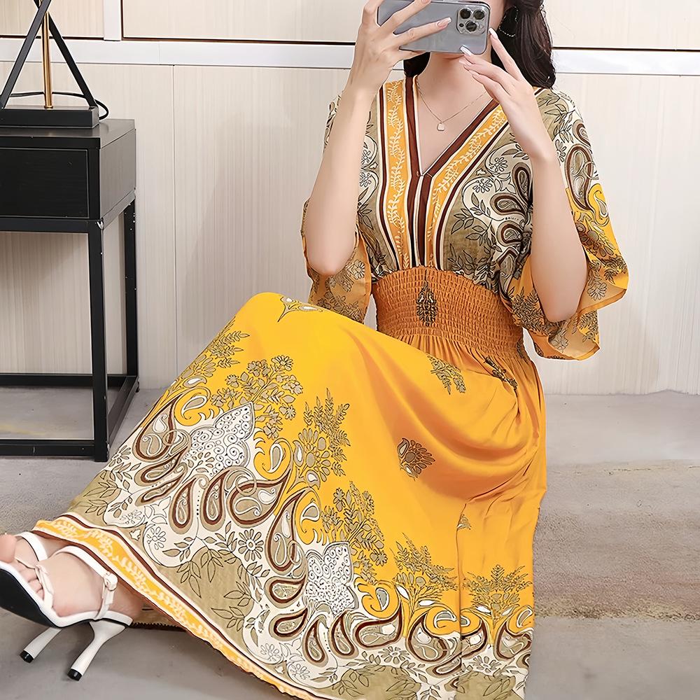 26-Year Floral V-Neck Cotton Silk Batwing Sleeve Beach Dress - Thailand Travel & Vacation Skirt Style