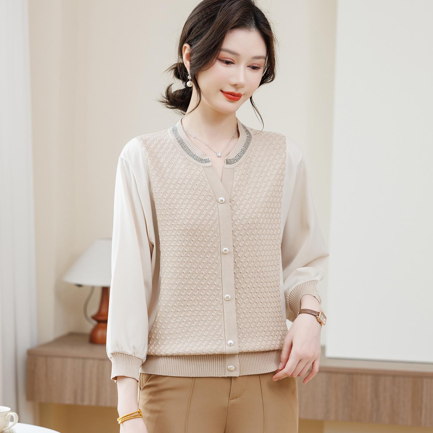

Mother s Spring Style: Gauze Sleeve Knit Top with Hot Drill and Nine-Point Sleeves for Middle-Aged Women XXL
