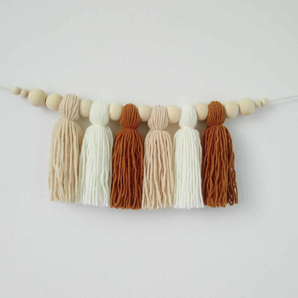 Macaron Wood Bead Tassel Wall Hanging Decor 37x14cm Colorful Yarn Home Ornament Style E