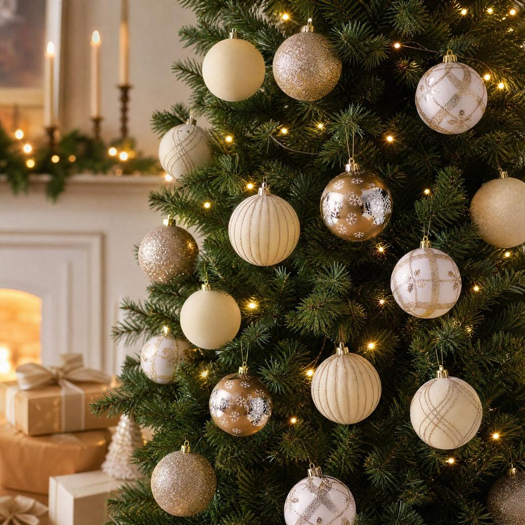 Velvet Painted Christmas Ball Ornament Set in Champagne Gold for Holiday Home Decor