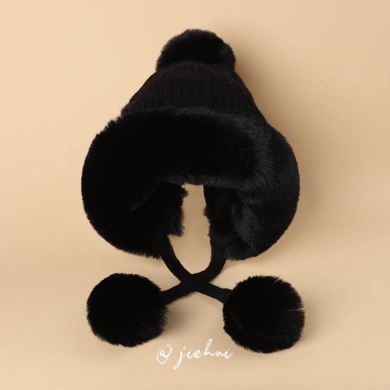 24 New Winter Thickened Cold-proof Warm Hat Women's Cute Hairball Knitted Wool Ear Protection Hat Northeast Lei Feng Hat