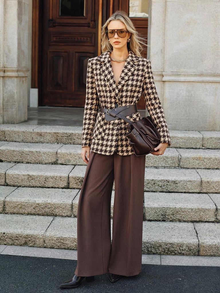 Cross2025 Women's Houndstooth Double-Breasted Suit Jacket, Mid-Length, Versatile Autumn Fashion