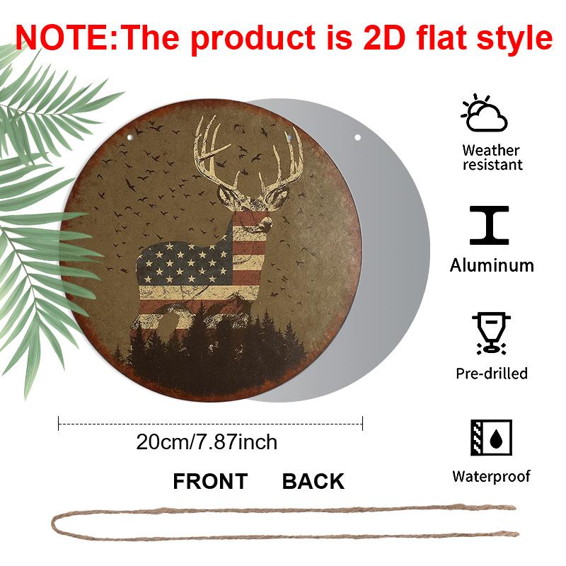 2D Flat, 1pc Round American Flag Deer Aluminum Hanging Sign, Vintage Patriotic Buck Hunting Design, Rustic Metal Wall Decor, Perfect for 4th of July