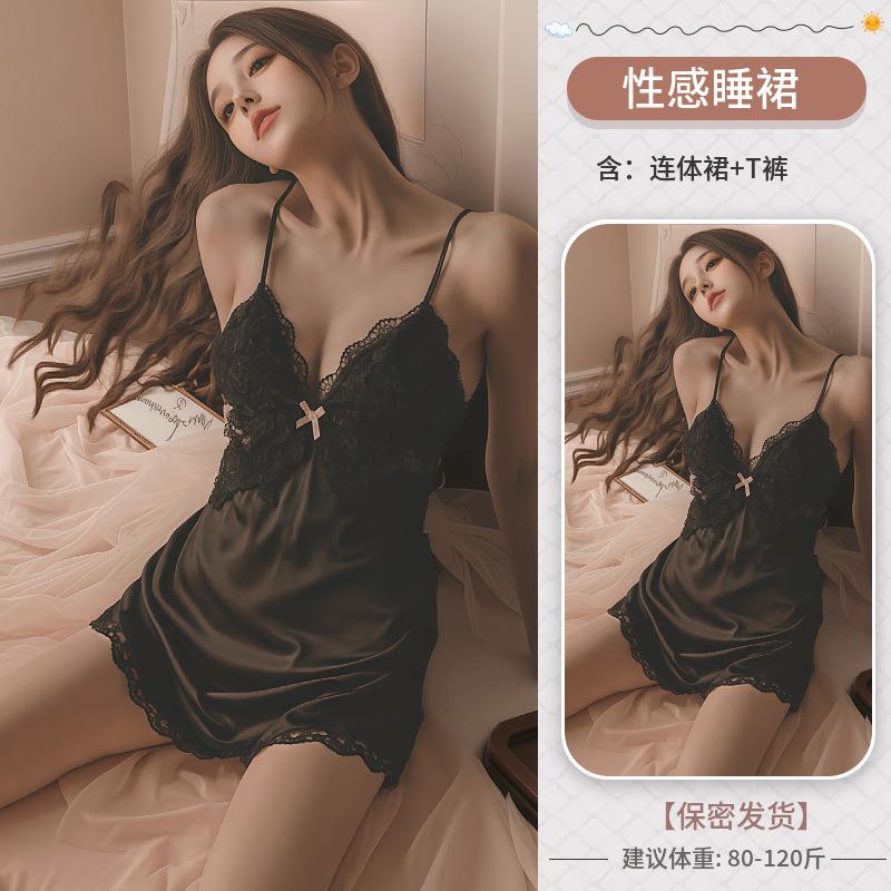 Erotic lingerie spring and summer deep V sexy mesh see-through seduction lace thin slit emotional nightdress women's home