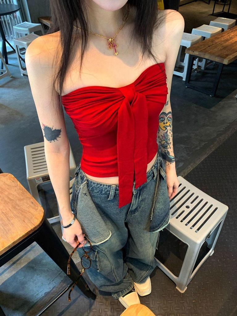 Damen Französisches Retro Schleife Trägerloses Weste - Sommer Pure Desire Wickel-Brust-Top