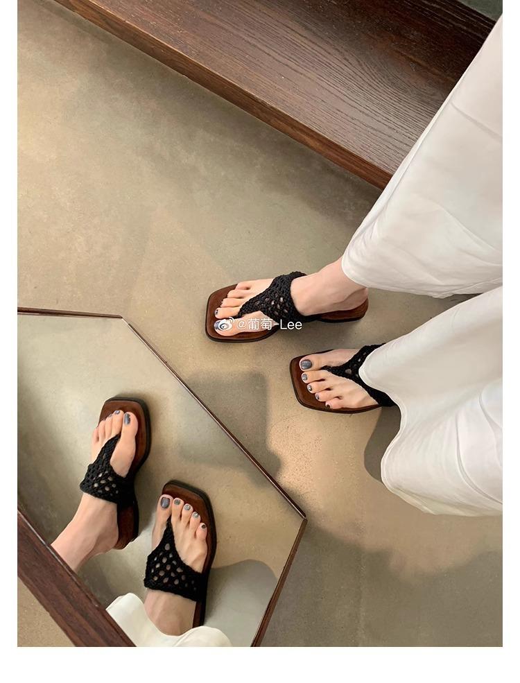 

2025 summer slope heel flip-flops shoes women s shoes wear bohemian vacation style fishing net sandals 40 чёрный