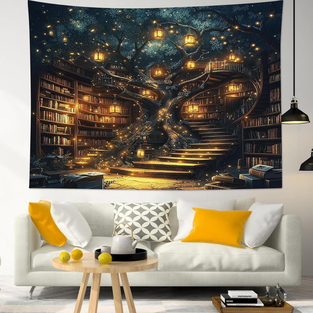 Fantasy Library Tapestry Fairytale Tree Vintage Bookshelf Tapestry for Bedroom Retro Bookshelf Book Wall Decor for Classroom
