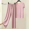 Lady Top Pants Set 2 Pcs/Set Women T-shirt Pleated Wide Leg V Neck Short Sleeves Summer Loose Homewear Pullover Thin Plus Size Trousers Clothing