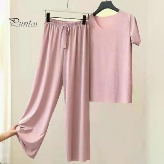Lady Top Pants Set 2 Pcs/Set Women T-shirt Pleated Wide Leg V Neck Short Sleeves Summer Loose Homewear Pullover Thin Plus Size Trousers Clothing