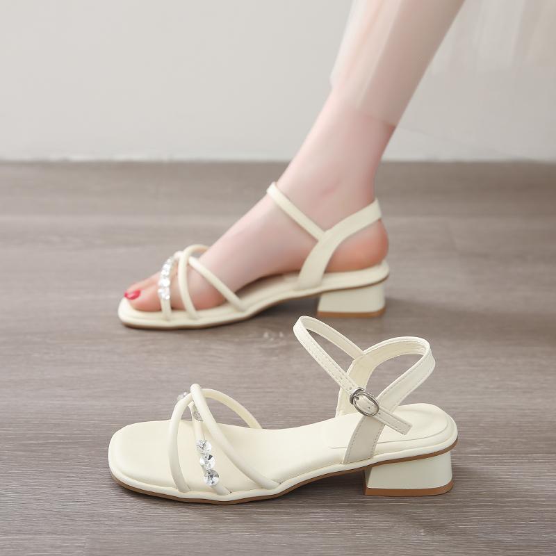 Fashion CRLAYDK Fashion Women's Low Square Open Toe Heeled Sandals Strappy Dressy Ankle Strap Summer Casual Party Rhinestone Shoes