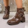 Studded Metal Buckle Platform Non-Slip Single Boots Women's Fashion Round Toe Sleeve Block Heel Booties