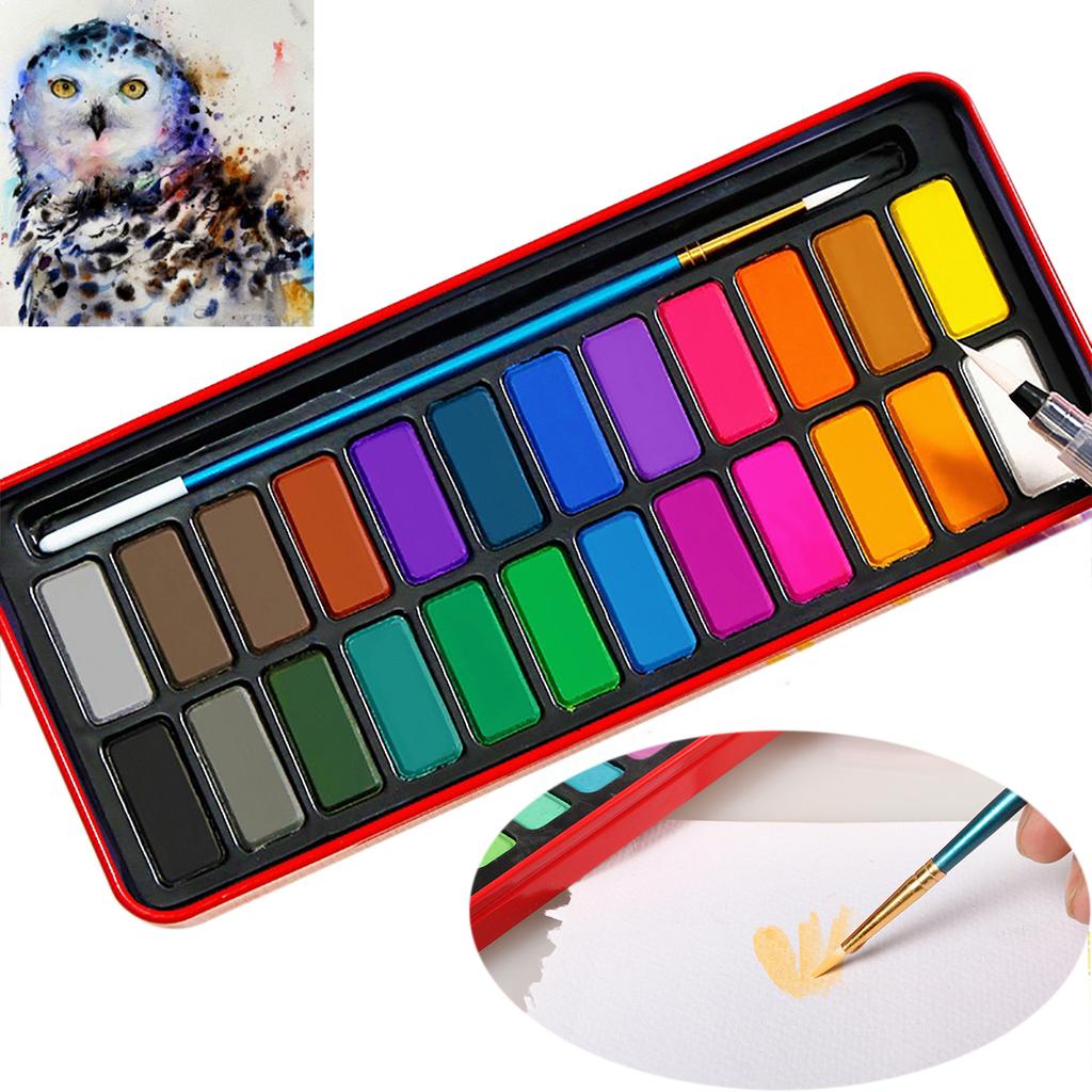 New 24 Colors Artist Solid Watercolor Pigments Tablet With Paint Brush Metal Box