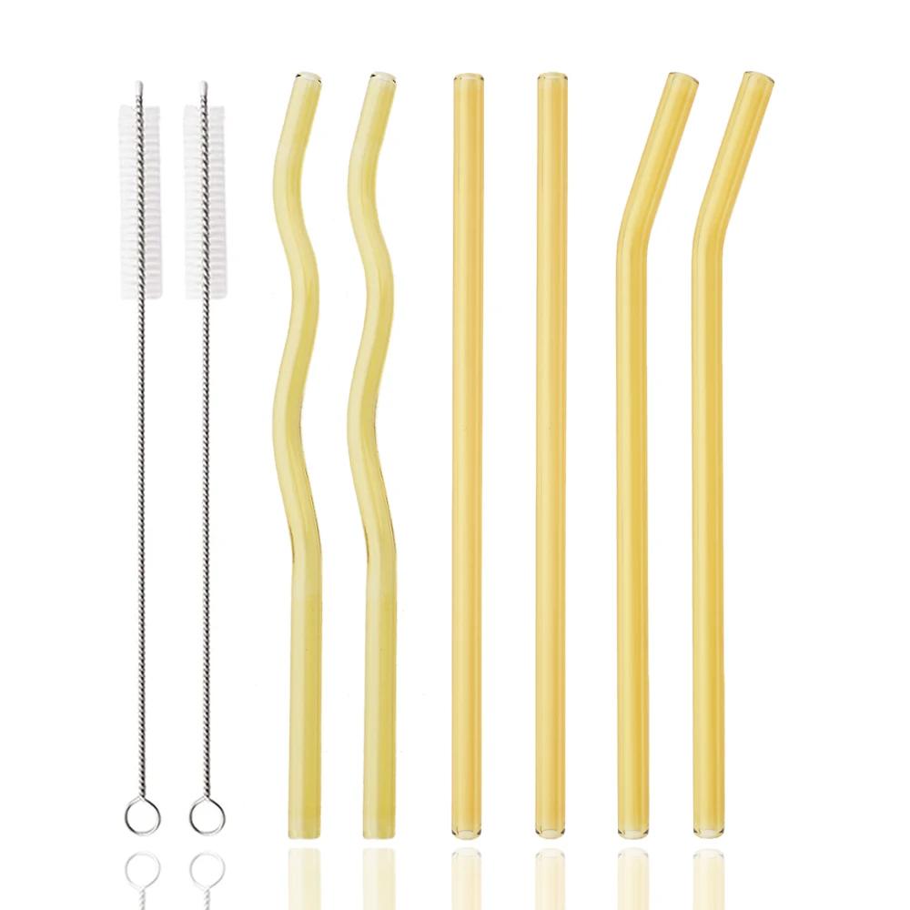 8Pcs 200*8mm Glass Straws Wavy Pink Drinking Straw Set with Brush High Borosilicate Glass Straw Kitchen Party Bar Drinkware