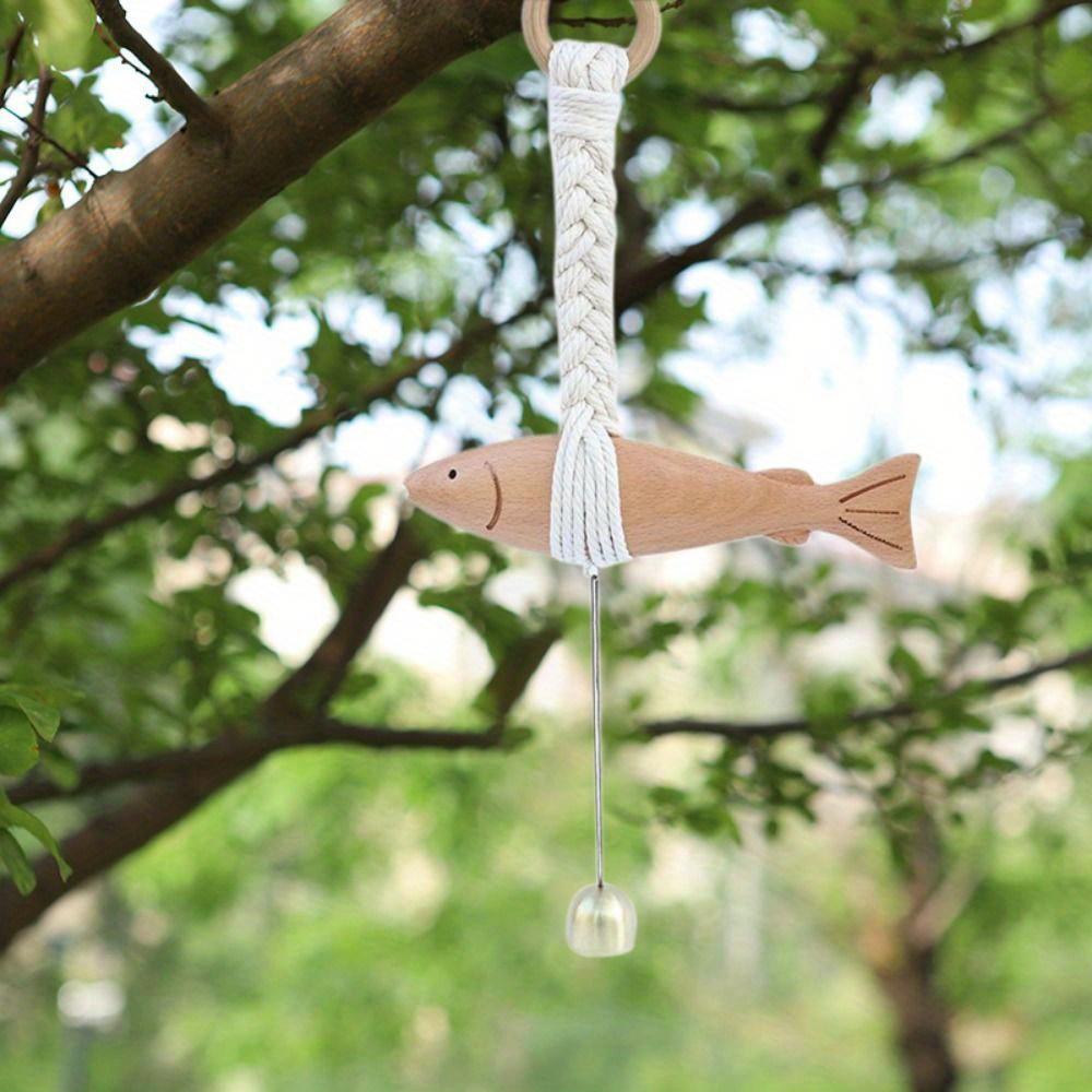 1Pc Marine Beach Themed Wood Fish Sculpture with Bell Handcrafted Fish Door Chimes Rustic Hand Carved Fish Wall Hanging Decor