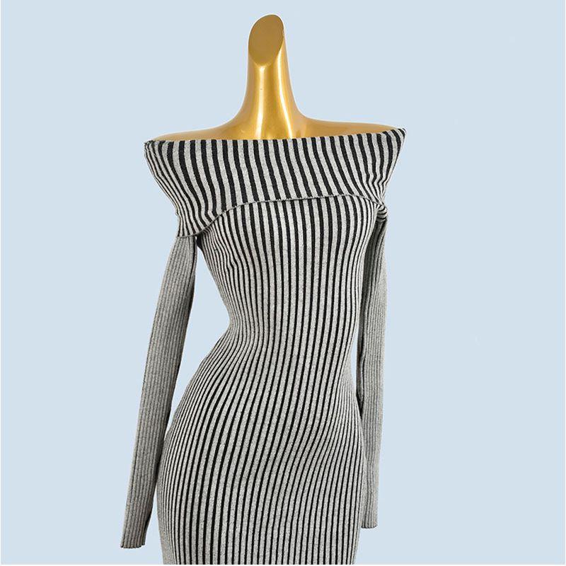 Foreign Trade Order Gyaru Sexy off-Shoulder off-Shoulder Long Sleeve Knitted Dress Women Spring and Autumn Slim Fit Slimming Split Sheath