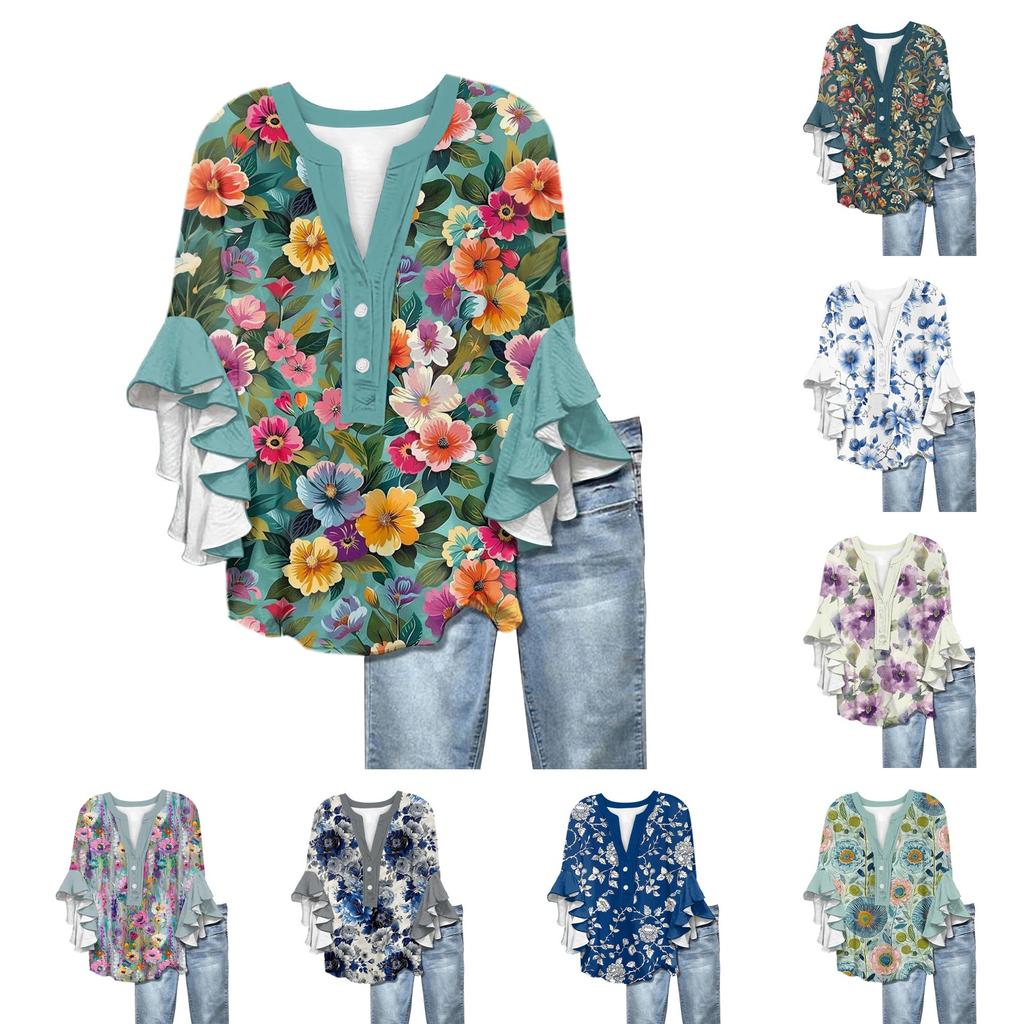Summer Women's Tops V-Neck Seven Sleeve Shirt Spring Summer Floral Printed Tops Casual Shirt