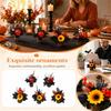 Artificial Halloween Pumpkin Arrangement with Wicker Basket, Black Maple Leaves, Sunflowers and Berries for Fall Tabletop Decor