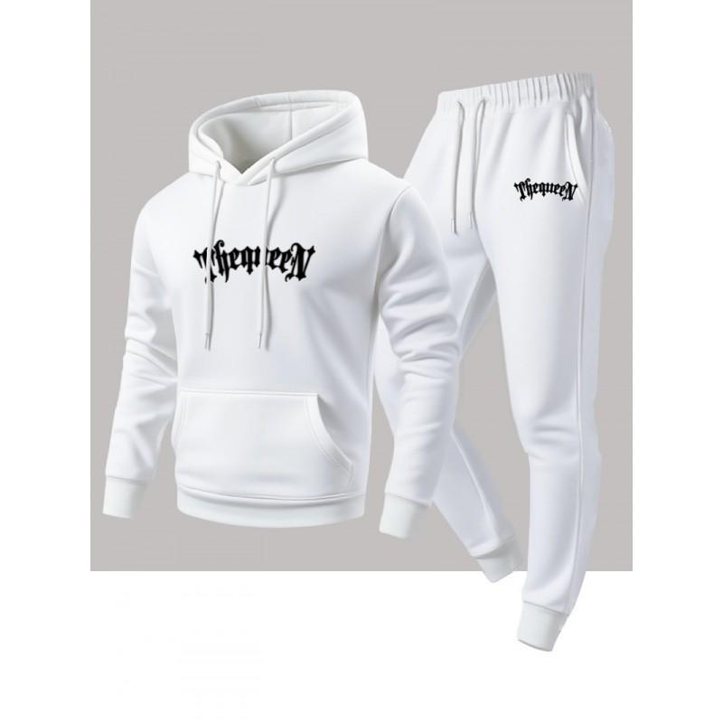 Mens Fashion Casual 2-Piece Set Fleece Graphic Print Hoodie Sweatshirt Pants
