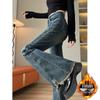 Women's American High Street Micro-Flare Jeans with Velvet, Raw Hem, and Slit for Autumn/Winter - Slim Fit, Flattering Horse-Shaped Design.