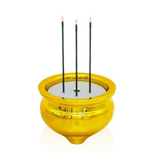 Daiichi Sogei LED Battery-Operated Incense Sticks, No Fire (Tajimi Ceramic Incense Burner), Mino Ware, Modern Buddhist Altar, Gold, Small