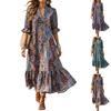 Boho Styl V-výstřih Tištěné Krátký Rukáv Midi Šaty s Volánkovým Lemem Lehké Neformální Volný Střih Letní Šaty pro Ženy