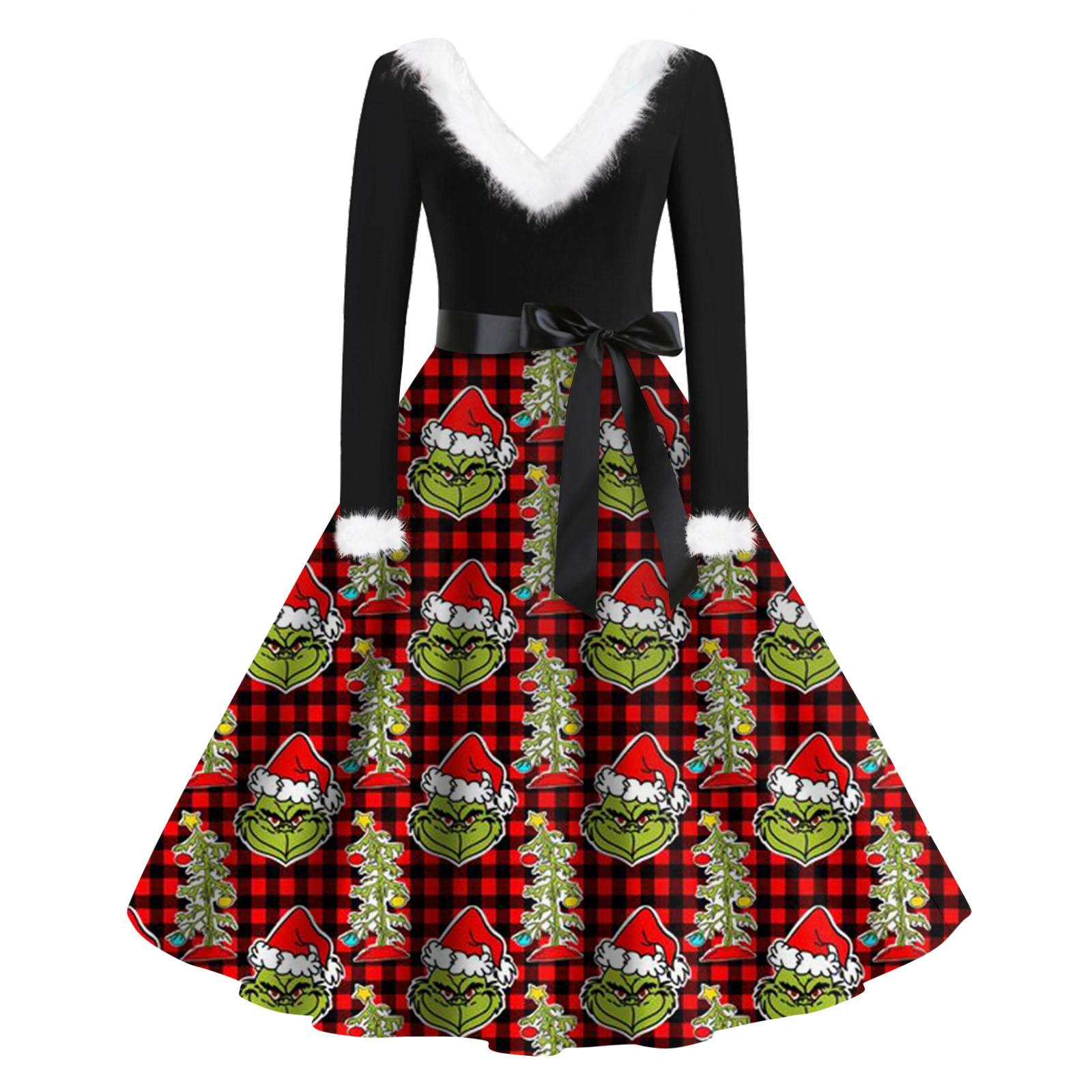 

Женская мода с v-образным вырезом, повседневные тонкие рождественские шерстяные платья с длинным рукавом с принтом M