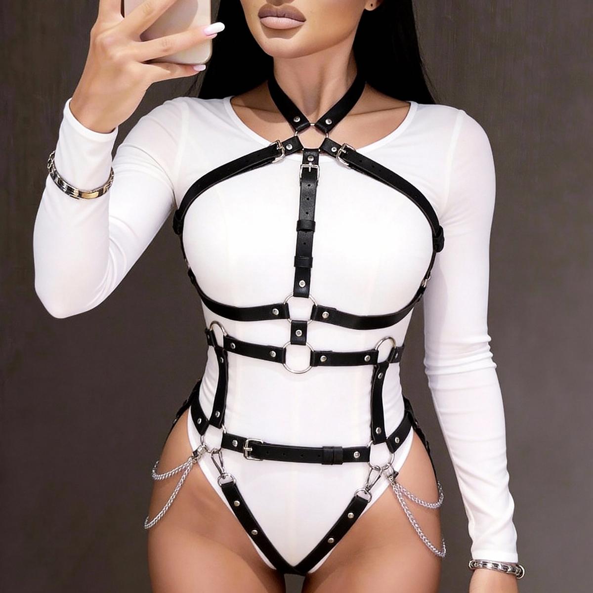 

Кожаная шлейка-боди для женщин, Регулируемое панк-готическое белье, Аксессуар для рейв-костюма, Модный акцент