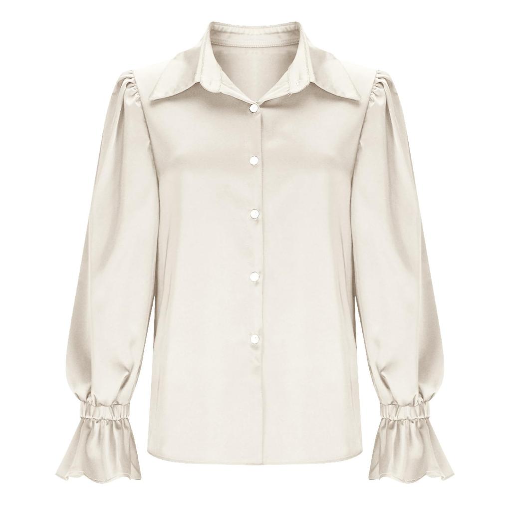 Long Sleeve Button Down Satin Blouse for Women Classic Collar Puff Sleeve Shirt with Ruffle Cuffs Office Wear Top