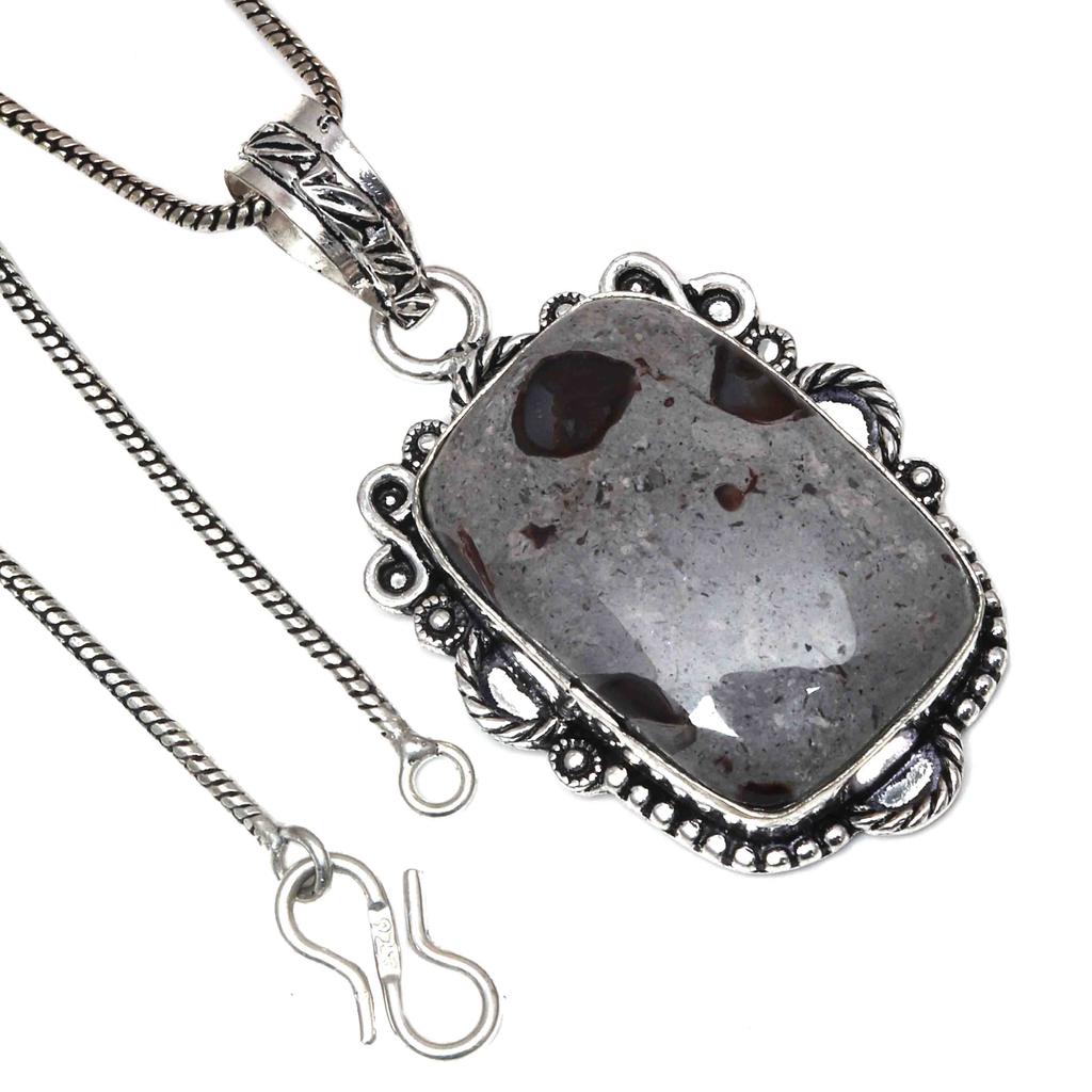 Pendant Rock Calsi Gemstone Handicraft Valentine'Day Gift Silver Jewelry 2.5"