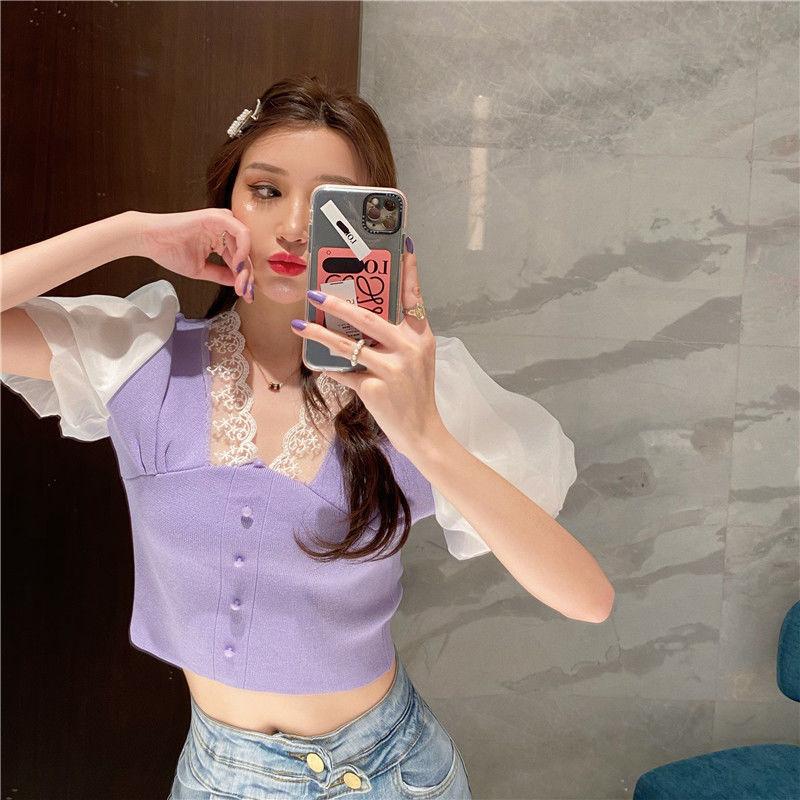 

Сексуальные кружевные женские футболки, черно-белые футболки с пузырьковыми рукавами для девочек Y2K, сексуальные женские повседневные футболки, модные топы suit 40-60kg фиолетовый