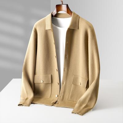 Autumn Winter Cashmere Cardigan Men's Polo Neck Sweater Long Sleeve Knitted Business Casual Woolen Sweater Solid Color