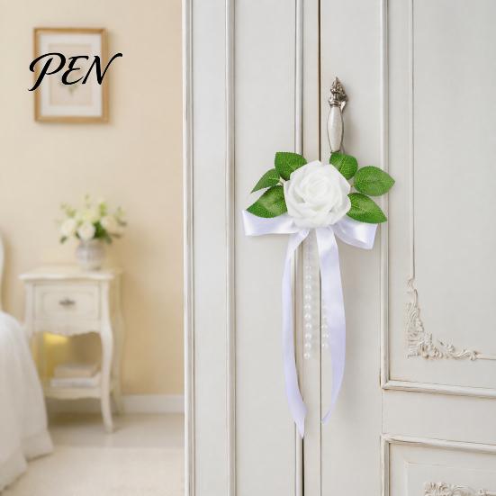 All Weather Car Flower Set Artificial White Rose Wedding Decoration, Door Handle & Rearview Mirror Bouquet Resistant Flowers with Satin Ribbon Bow And