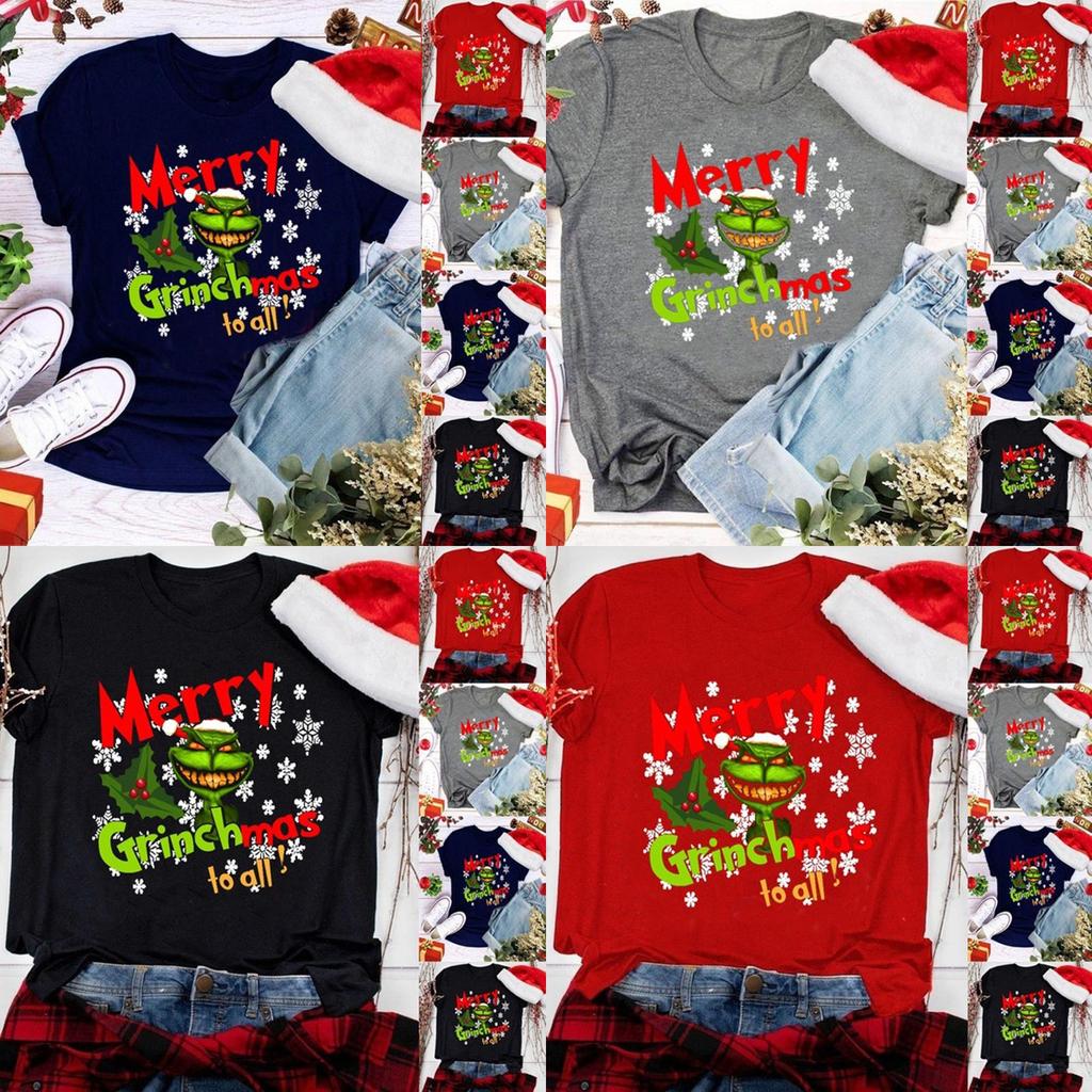 Women Christmas Grinch Short Sleeve T-shirt Tops With Trendy Crew Neck Design