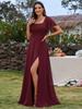 Ever-Pretty Women's U-Neck Backless Frenulum Knotting Short Sleeves High Slit A-Line Bridesmaid Dress Chiffon Evening Dresses