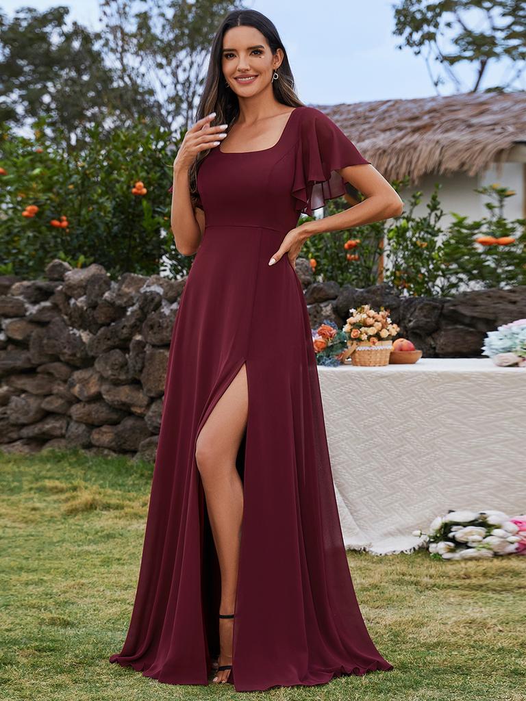 Ever-Pretty Women's U-Neck Backless Frenulum Knotting Short Sleeves High Slit A-Line Bridesmaid Dress Chiffon Evening Dresses