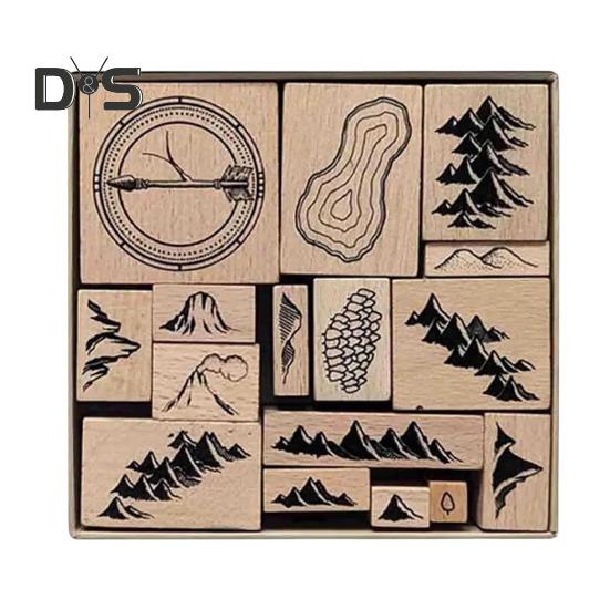 

1 набор штампов ручной работы с 16 деревянными резиновыми штампами для самостоятельного изготовления декоративных штампов в виде гор, рек, лесов, зданий B