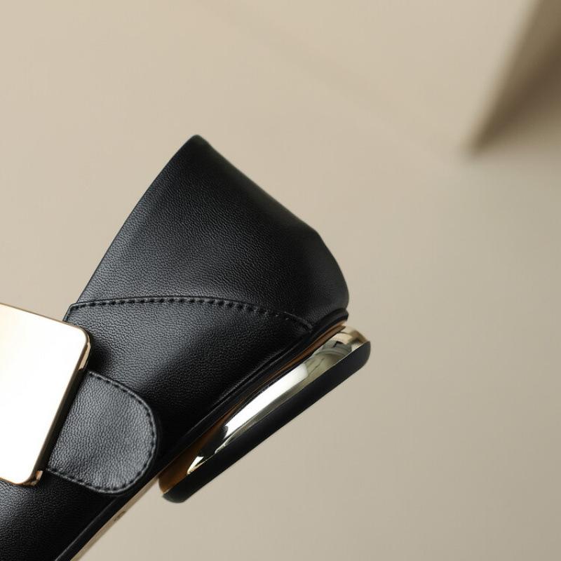 New four seasons pointed fashion single shoes women's buckle fashion solid color non-slip beef tendon sole large size soft sole cowhide women's shoes