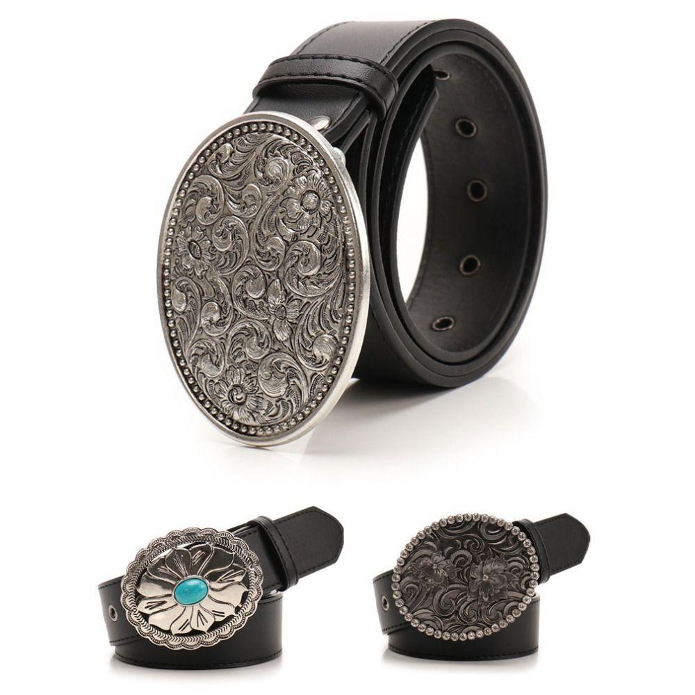 Fashion PU Leather Belt for Women Vintage Boho Country Belts Engraved-Buckle Black Western Belt for Jeans Pants Dresses