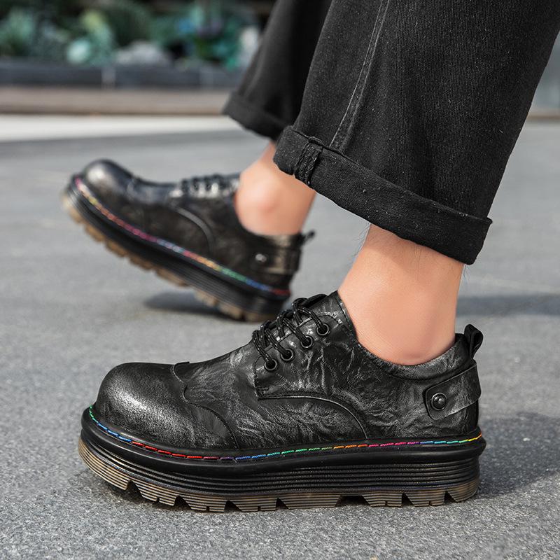 Herren Retro Leder Derby Schuhe - Runde Zehenpartie, Dicke Sohle, Höhenverstärkung, Große Größe, Low-Top Martin Stil.